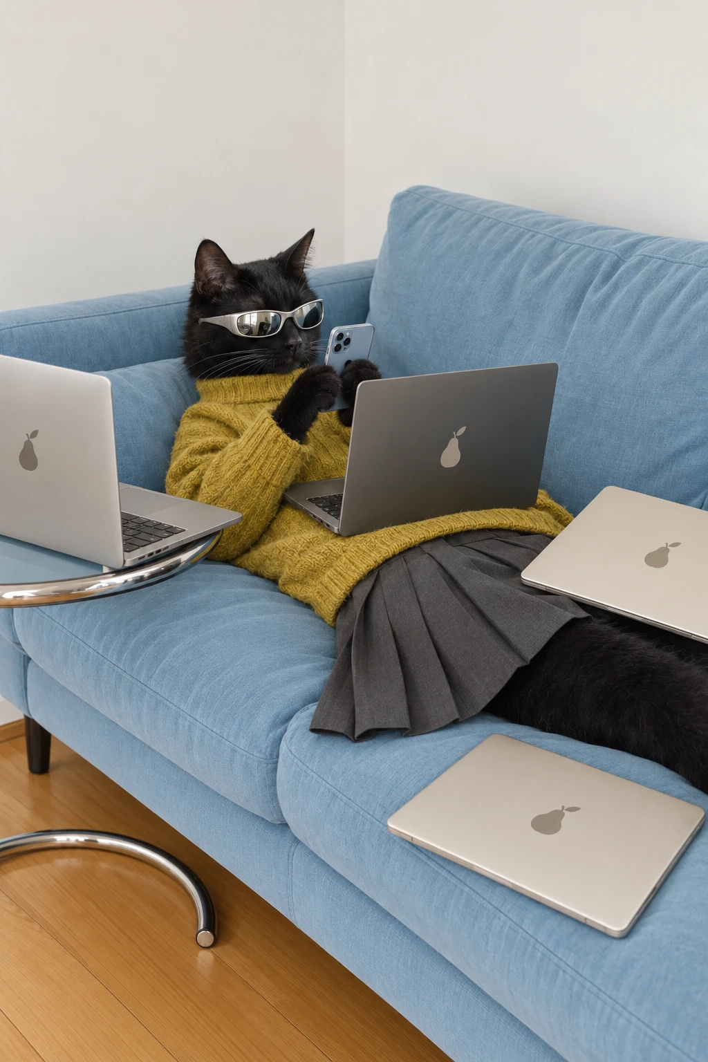 A black cat in sunglasses and a yellow jumper lounging on a blue sofa, phone in paw, laptops all around