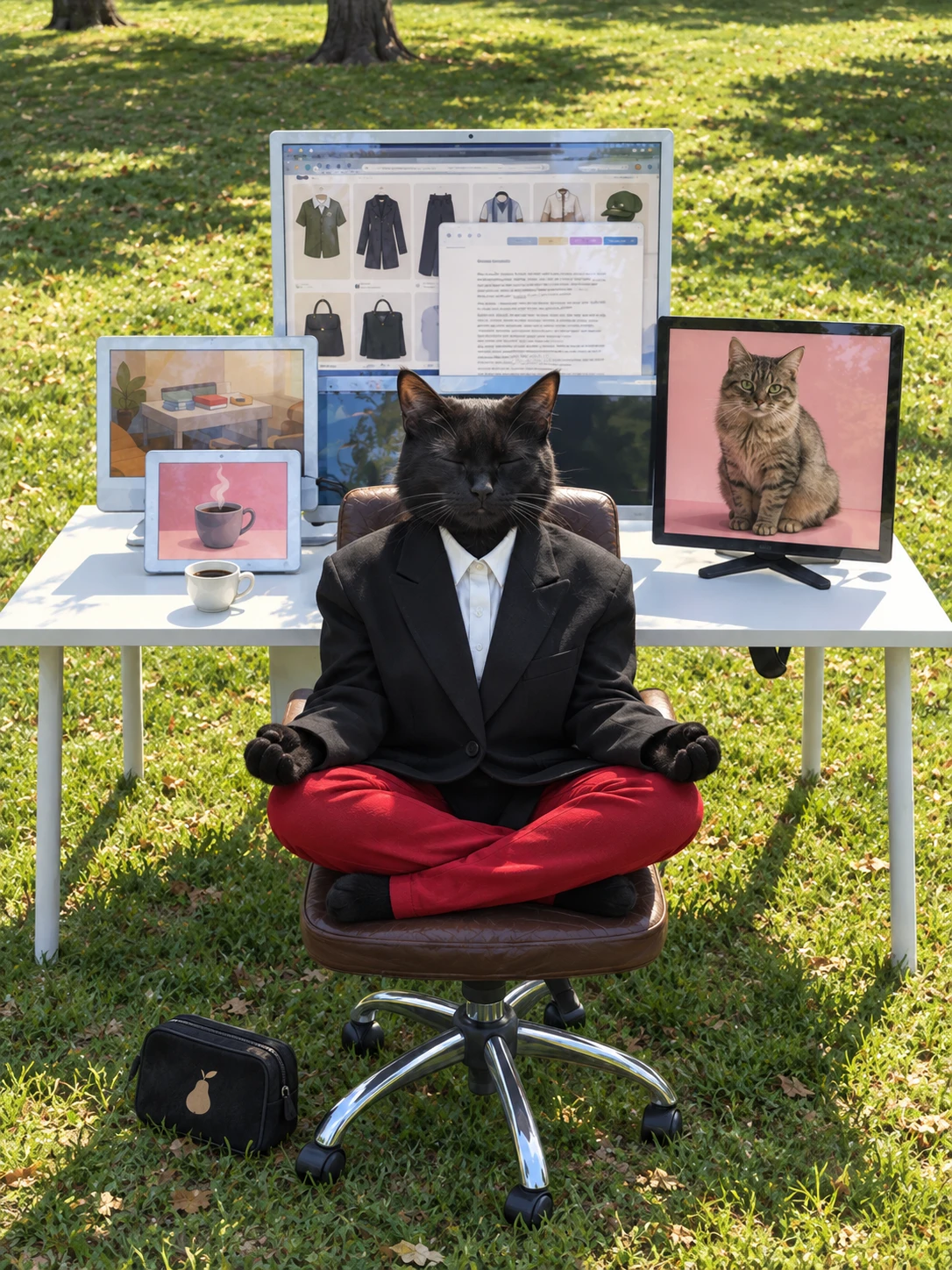 A black cat in a suit meditating cross-legged on an office chair, out on the lawn in front of a desk of monitors